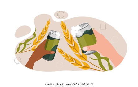 Hand with beer concept. People with can and glass of alcoholic drink. Friends celebrate in pub or bar. Alcohol products, brewery. Cartoon flat vector illustration isolated on white background