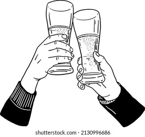 Hand with Beer Glass Cheers celebration Hand drawn line art Illustration