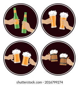 Hand with beer. Beer glass, wood mug, bottle.  Vector illustration cheers.