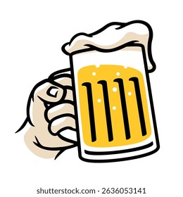 Hand with beer mug. Line art beer glass vector illustration