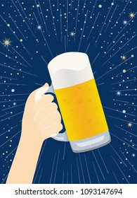 Hand with beer on background of night sky.
