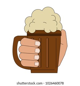 Hand with beer on wooden cup