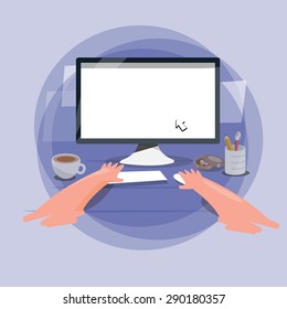 hand behind computer screen to replace your text - vector illustration