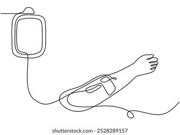 La mano se está infundiendo dibujo de línea continua. Concepto sanitario. Ilustración vectorial minimalista aislada sobre fondo blanco.