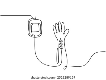 Die Hand wird mit durchgehender Linienzeichnung infundiert. Gesundheitskonzept. Vektorgrafik minimalistisch einzeln auf weißem Hintergrund.