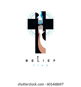 Hand of believer extends to the hand of God, helping and love of Jesus.Christian Cross true belief in God vector symbol, Christianity religion icon.