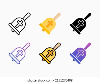 Juego de iconos de la Campana de mano con línea, contorno, plano, relleno, glifo, color, gradiente. Actrazo editable y píxel perfecto. Se puede usar para productos digitales, presentación, diseño de impresión y más.