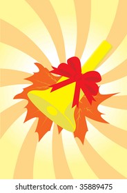 Hand bell with maple leaves on striped background. Vector illustration.