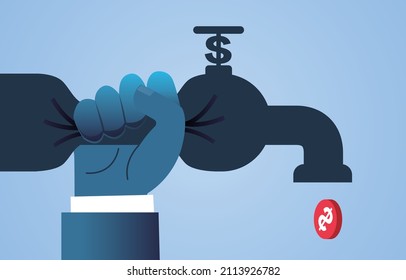 Hand bends the faucet to reduce the amount of dollars flowing out of the faucet, business concept illustration