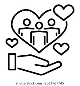 A hand beneath a floating heart with people inside, symbolizing compassion, support, and community care round line vector icon with editable stroke