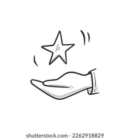 Hand with benefit bonus star doodle icon. Money reward bonus hand drawn sketch style icon. Loyalty program, gift point doodle drawn concept. Vector illustration.