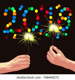 Hand with Bengal fire. Vector illustration. New Year and Christmas theme. 2018