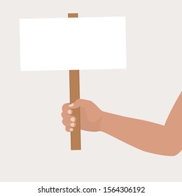 Hand, bent at the elbow, holds a blank poster. Vector illustration of a placard blank. Banner template for protest text, manifesto. Empty plate on a wooden stick. Hand without clothes.