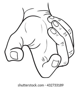 Hand with bent fingers gestures. Vector illustration of linear black and white. Template of the gesture of the hand which holds the object.