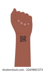 The hand with bent fingers and QR code tattoo on wrist. Chipping and control people, electronic admission, pass by code, exclisivity concept. Vector illustration.