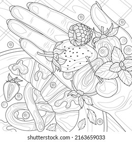 Hand with berries and pastries.Coloring book antistress for children and adults. Illustration isolated on white background.Zen-tangle style.