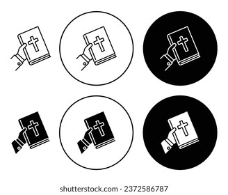 Juego de iconos Mano en Biblia. símbolo vectorial del libro de oración de cristiandad en estilo negro relleno y delineado.