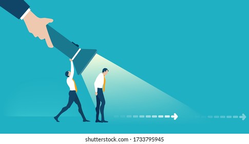 Hand of big boss with torch lighting up the way to go. Business people are finding solution.  