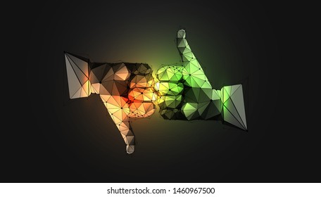 Hand, big finger up and down. Low poly wireframe style. Concept voting, questionnaire. Like or Dislike. Abstract isolated on white background. Particles are connected in a geometric silhouette.