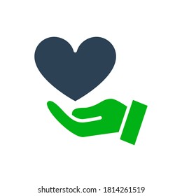 Hand with big heart, giving a love colored icon. Charity, donation, like symbol
