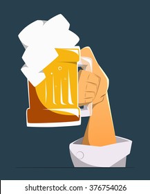 Hand up with big mug, glasses of light golden beer. Color vector illustration. Isolated