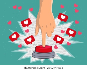 Hand and a big red button with scattered like symbols. Vector illustration