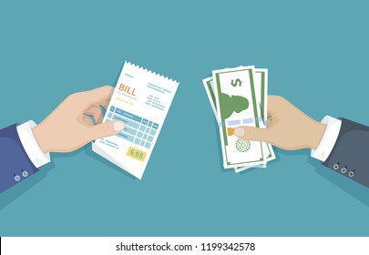 Hand with bill and cash money. Illustration sales, shopping, check, receipt, invoice, order. Paying bills. Payment of goods, service, utility, restaurant. Vector design in a flat style