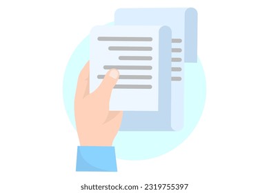 Hand with bill or check for payment. Shopping flat style icons in red and blue colors