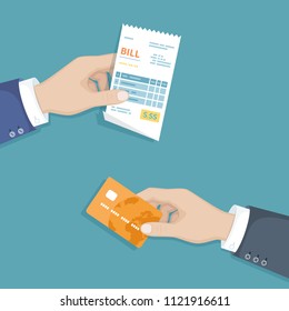 Hand with bill and credit card. Illustration sales shopping check, receipt, invoice, order. Paying bills. Payment of goods, service, utility, restaurant. Vector design in a flat style