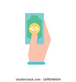 Hand with bill as donation symbol flat style icon design of Humanity help cooperation together unity support covid 19 theme Vector illustration