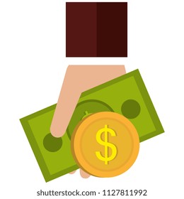 hand with bills and coin