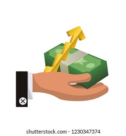 hand with bills dollars and arrow