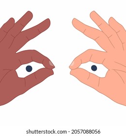 Hand Binoculars Gesture of Two Hands with Different Skin Colors. Flat Vector Illustrations.