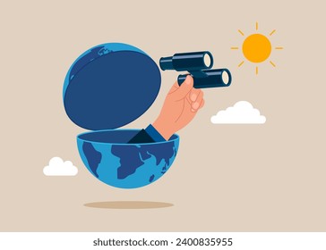 Hand with binoculars looking for future vision. World economic vision. Flat vector illustration