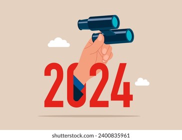 Hand with binoculars on year in the new 2024. Year 2024 outlook, new challenge ahead, vision to make decision, plan and perspective. Vector illustration.