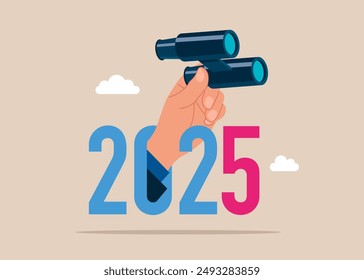 Hand with binoculars on year in the new 2025. Year 2025 outlook, new challenge ahead, vision to make decision, plan and perspective. Vector illustration.