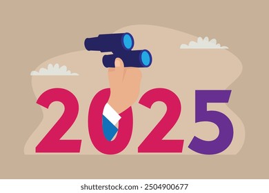 Hand with binoculars on year in the new 2025. Year 2025 outlook, new challenge ahead, vision to make decision, plan and perspective 2d flat vector illustrations