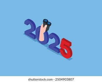 Hand with binoculars on year in the new 2025. Year 2025 outlook, new challenge ahead, vision to make decision, plan and perspective 3d isometric vector illustration