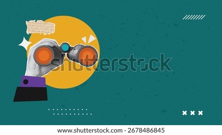 Hand with binoculars. Search concept. Vector banner with halftone effect and copy space