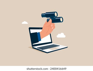 Hand with binoculars. Vision to discover new solution or idea, curiosity, searching for success concept. Vector illustration