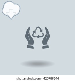 Hand and bio icon with shadow. Cloud of download with arrow.
