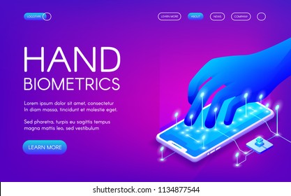 Hand biometrics technology vector illustration of digital recognition for personal identity. Smartphone touch sensors and human fingers for private data encryption on purple ultraviolet background