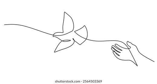 A hand and bird in continuous line drawing. Depicting freedom, connection, and the bond between humans and nature. Vector illustration hand drawn.