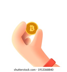 Mano con bitcoin en estilo de caricatura 3D. Concepto de moneda bitcoin y cripto. Mano sosteniendo moneda de oro. Ilustración vectorial aislada en fondo blanco.