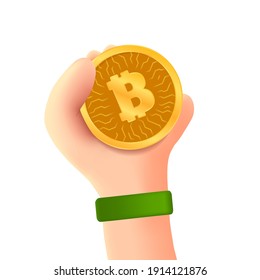 Hand with bitcoin in 3D cartoon style vector illustration. Bitcoin and crypto currency concept. Hand holding golden coin. Picture isolated on white background.