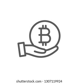 Hand with bitcoin coin, cryptocurrency line icon.