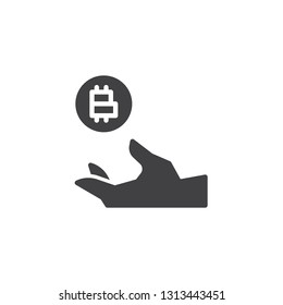 Hand with bitcoin coin vector icon. filled flat sign for mobile concept and web design. Hand Holding Cryptocurrency Money simple glyph icon. Symbol, logo illustration. Pixel perfect vector graphics