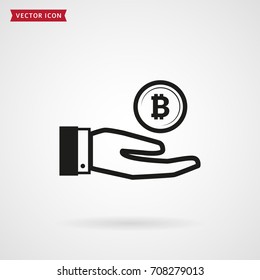 Hand with bitcoin. Crypto money profit concept. Vector icon. Cryptocurrency symbol isolated on white background.