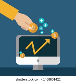 hand with bitcoin cryptocurrency finance computer profit arrow vector illustration