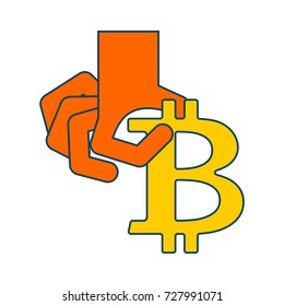 Hand and bitcoin. Cryptocurrency profit. Vector illustration